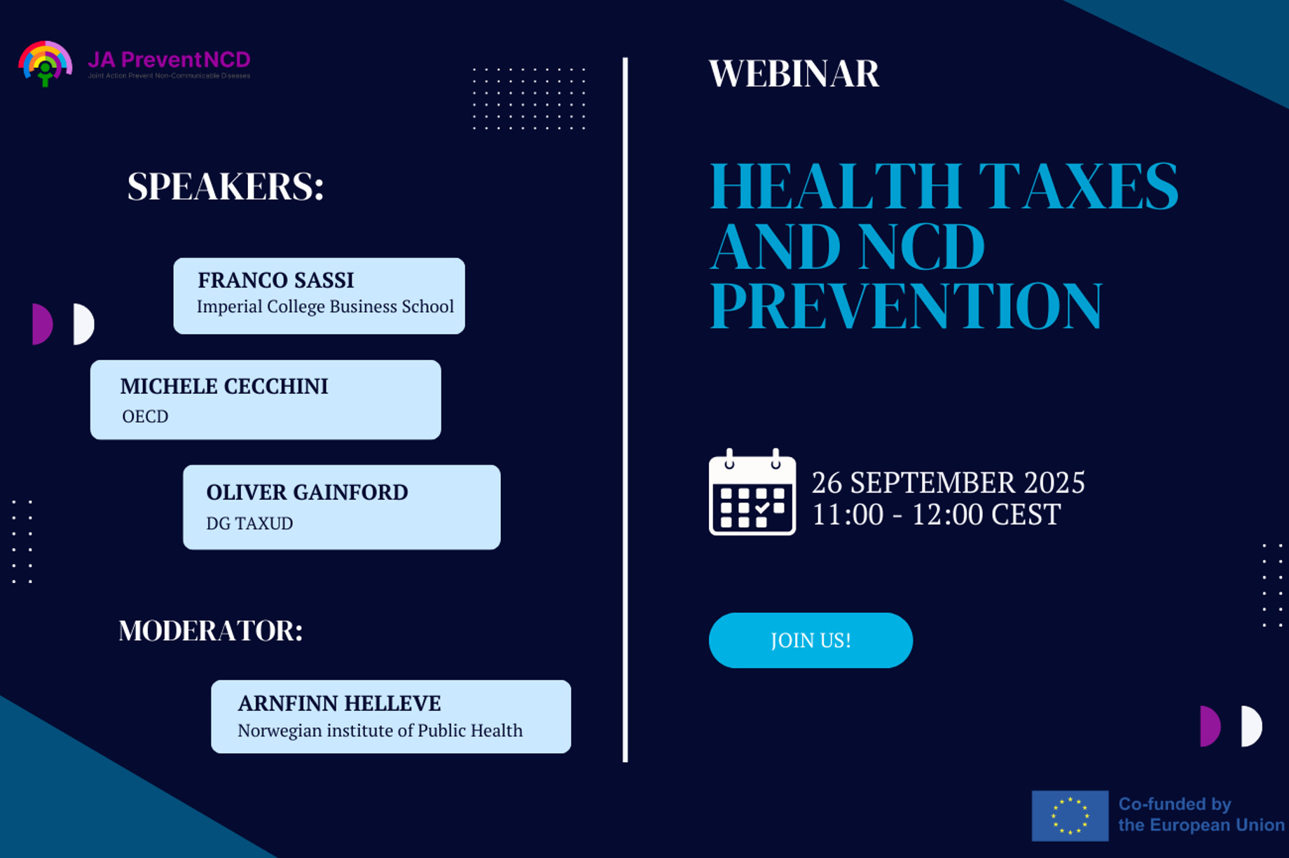Acción Conjunta sobre Prevención del Cáncer y Enfermedades No Transmisibles (ENT), próximo seminario web el 26 de septiembre de 2025 sobre: Impuestos y prevención de enfermedades no transmisibles.