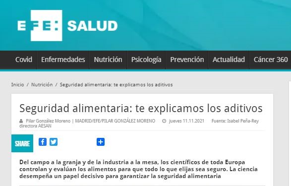 Entrevista de la Directora Ejecutiva de la AESAN sobre la campaña conjunta EFSA-AESAN “La UE elige alimentos seguros”. EFESalud. 11.11.2021