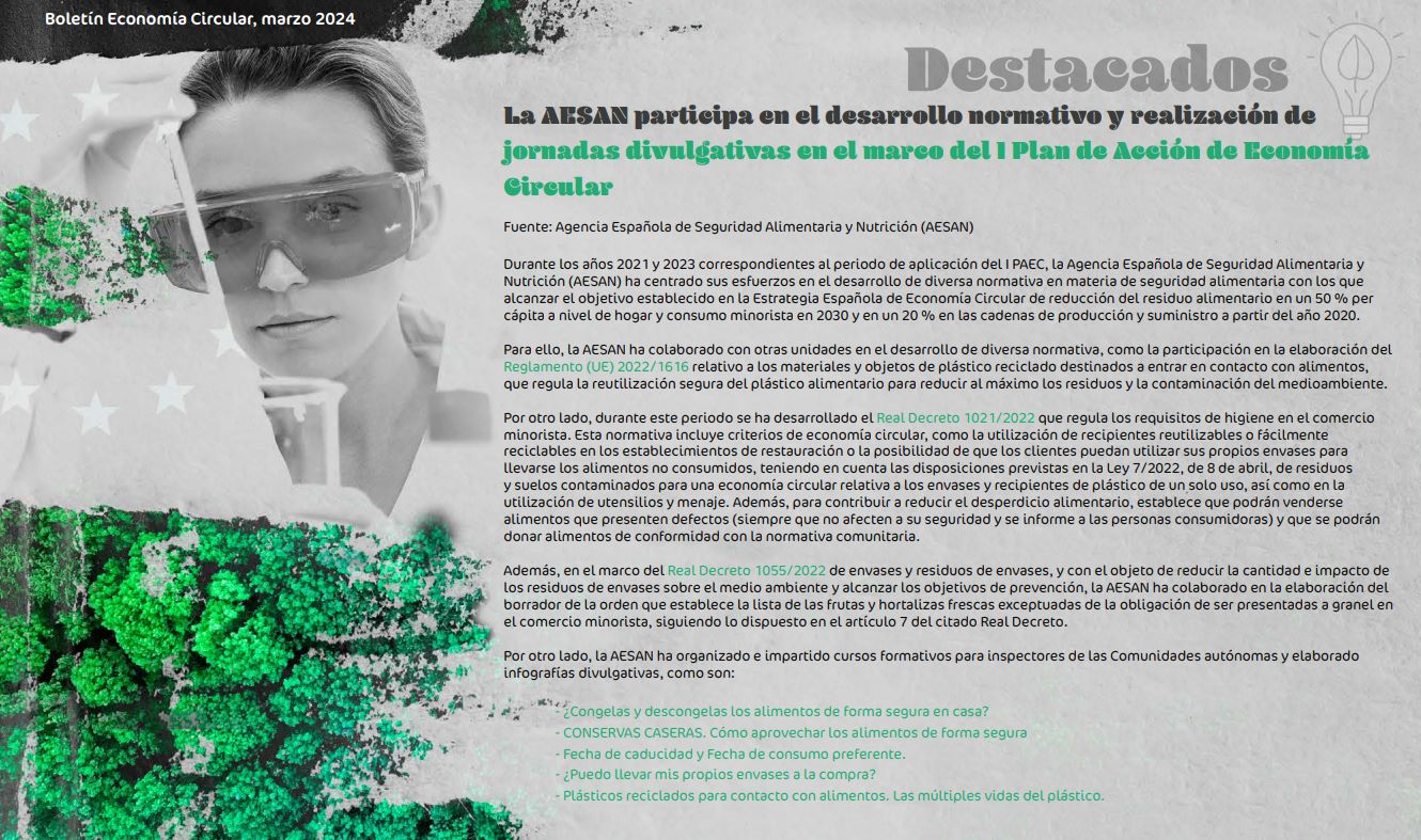 Artículo sobre la participación de la AESAN en el desarrollo normativo y realización de jornadas divulgativas en el marco del I Plan de Acción de Economía Circular. Página 6 del Boletín de economía circular nº 15 del Ministerio para la Transición Ecológica y el Reto Demográfico. Marzo 2024