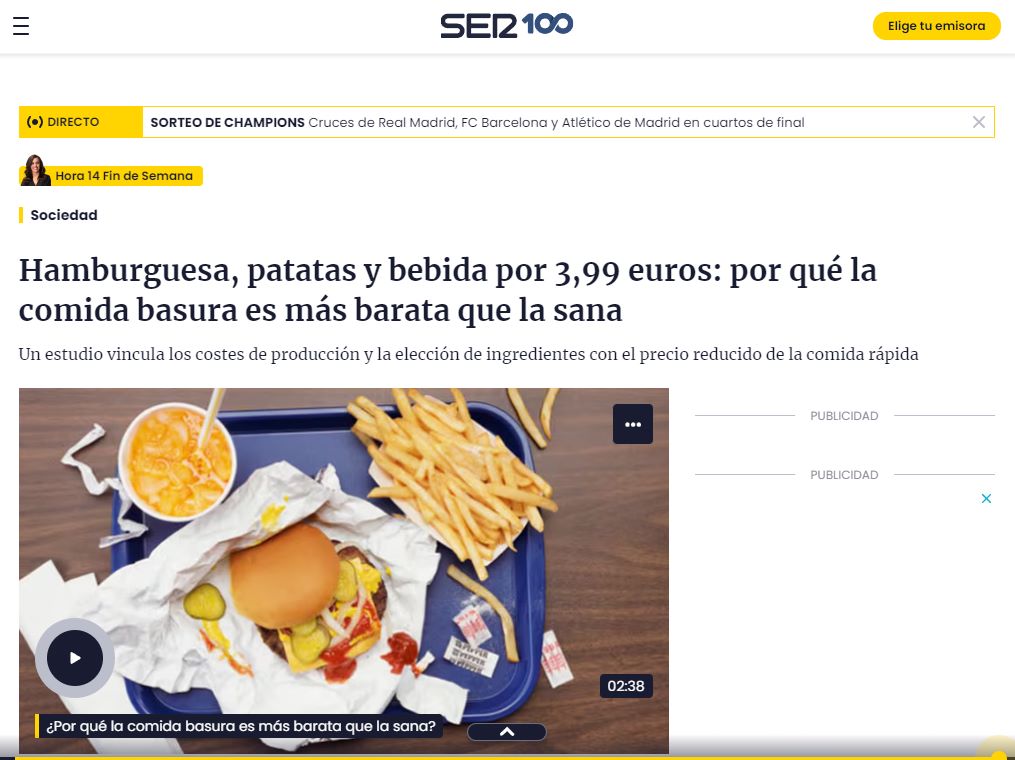 Entrevista a la directora ejecutiva de la AESAN, Isabel Peña-Rey en el reportaje de la Cadena SER sobre por qué la comida basura es más barata que la sana. 3.03.2024