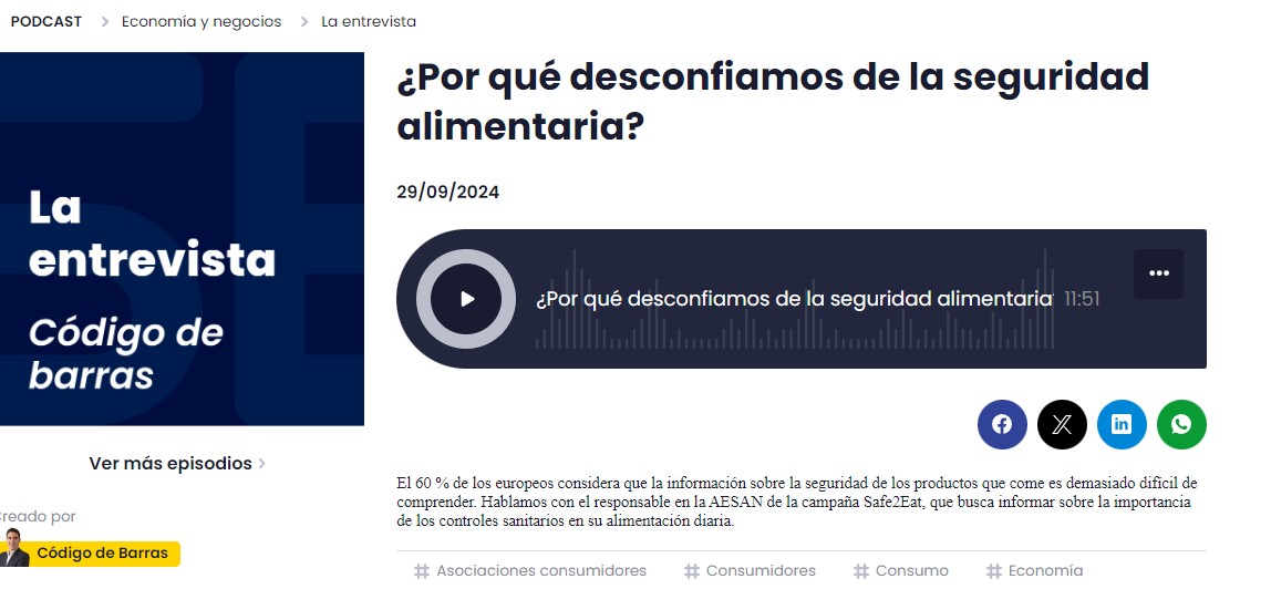 Entrevista al Subdirector Adjunto de Gestión de la Seguridad Alimentaria, Agustín Palma, en el programa Código de Barras de la SER. Septiembre 2024