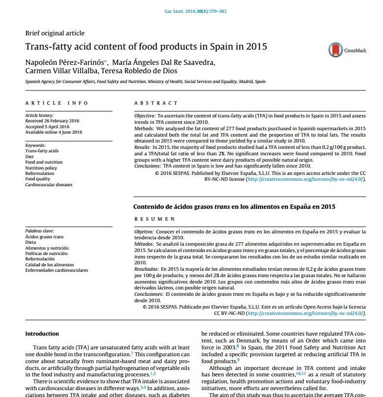 Artículo en Gaceta Sanitaria del contenido de ácidos grasos en los alimentos en España en 2015